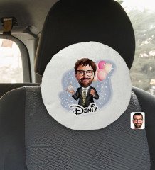 Kişiye Özel İsimli Erkek Doğum Günü Karikatürlü Yuvarlak Araç Koltuk Yastığı-3