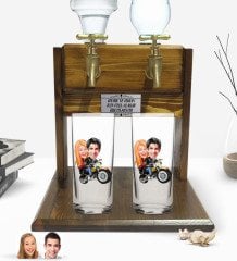 Kişiye Özel Sevgililer Tasarımlı İkili Rakı Bardağı ve Çift Musluklu Doğal Ahşap Rakı Standı-17
