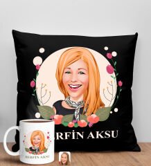 BK Gift Kişiye Özel Karikatürlü Anneler Günü Tasarımlı Siyah Kırlent Yastık ve Kupa Seti, Anneye Hediye, Ev Dekorasyonu, Anneler Günü Hediyesi-1
