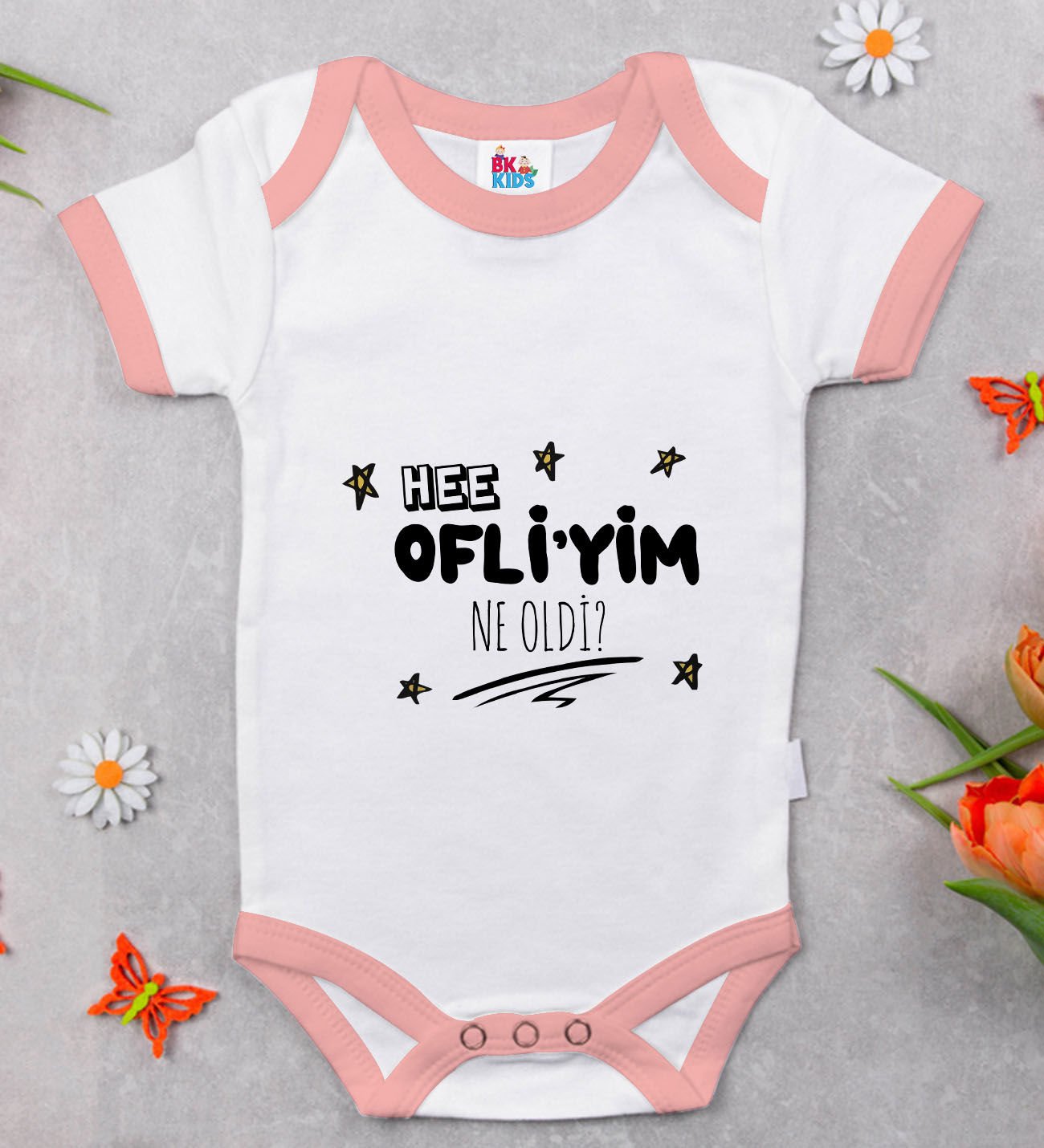 BK Kids Ofliyim Ne Oldi Tasarımlı Pembe Bebek Body Zıbın-1