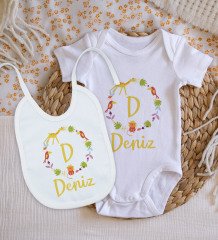 BK Kids Kişiye Özel Harfli İsimli Bebek Body Zıbın ve Mama Önlüğü Hediye Seti - Model 1