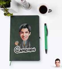Kişiye Özel Erkek Karikatürlü Yeşil Termo Deri Defter Kalem Seti Model 52