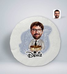 Kişiye Özel İsimli Erkek Doğum Günü Karikatürlü Yuvarlak Araç Koltuk Yastığı-4