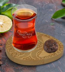 Kişiye Özel Retro Motif Tasarımlı Doğal Ahşap Tabaklı Heybeli Çay Bardağı Sunum Seti Model 14