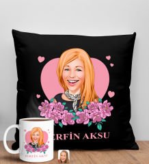 BK Gift Kişiye Özel Karikatürlü Anneler Günü Tasarımlı Siyah Kırlent Yastık ve Kupa Seti, Anneye Hediye, Ev Dekorasyonu, Anneler Günü Hediyesi-2