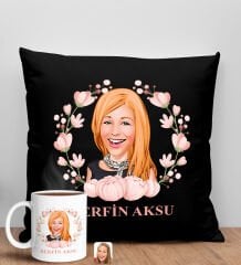 BK Gift Kişiye Özel Karikatürlü Anneler Günü Tasarımlı Siyah Kırlent Yastık ve Kupa Seti, Anneye Hediye, Ev Dekorasyonu, Anneler Günü Hediyesi-3