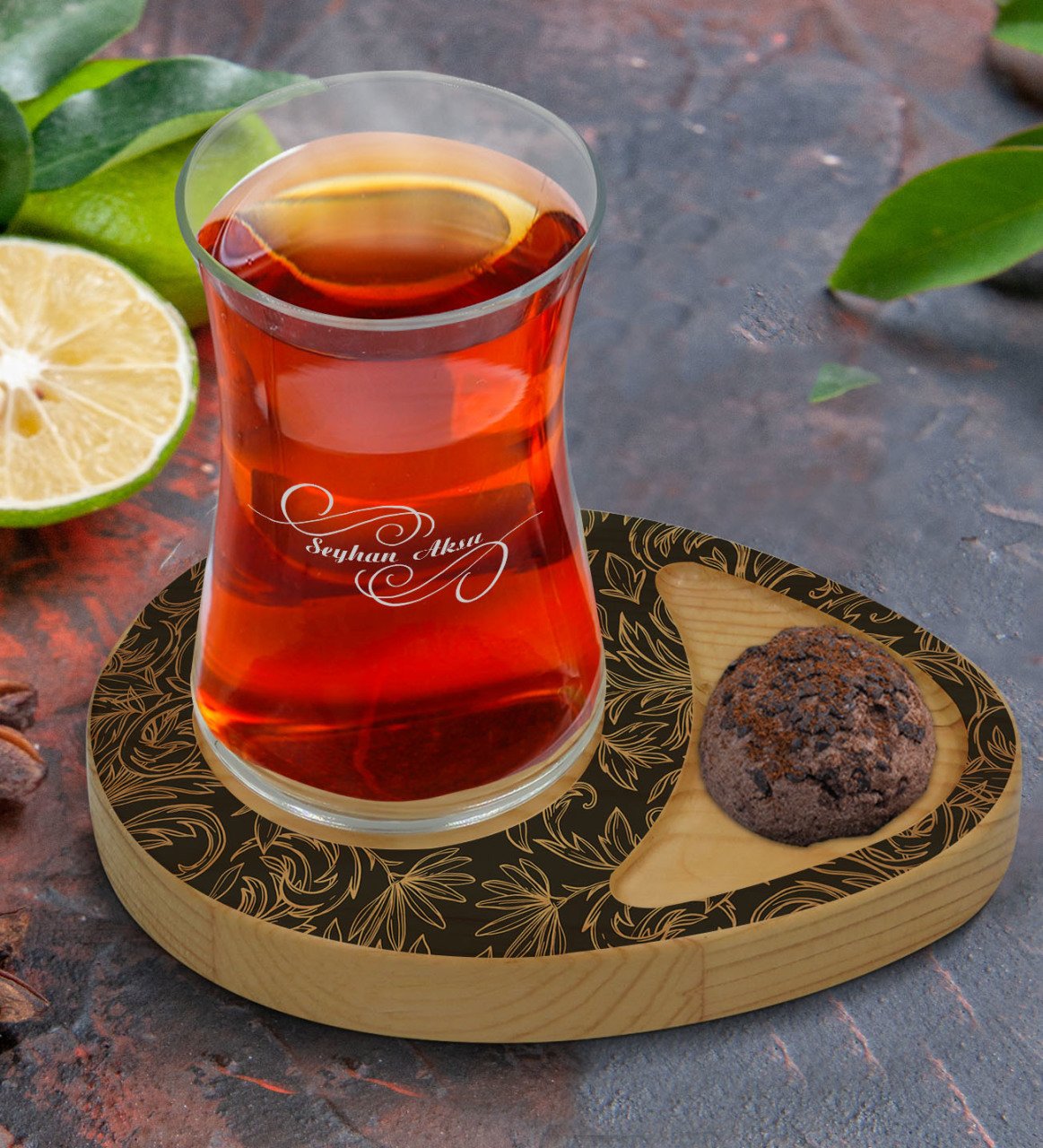 Kişiye Özel Retro Motif Tasarımlı Doğal Ahşap Tabaklı Heybeli Çay Bardağı Sunum Seti Model 16