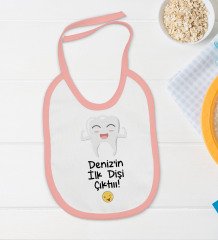 BK Kids Kişiye Özel İlk Diş Tasarımlı Pembe Bebek Body Zıbın ve Mama Önlüğü Hediye Seti