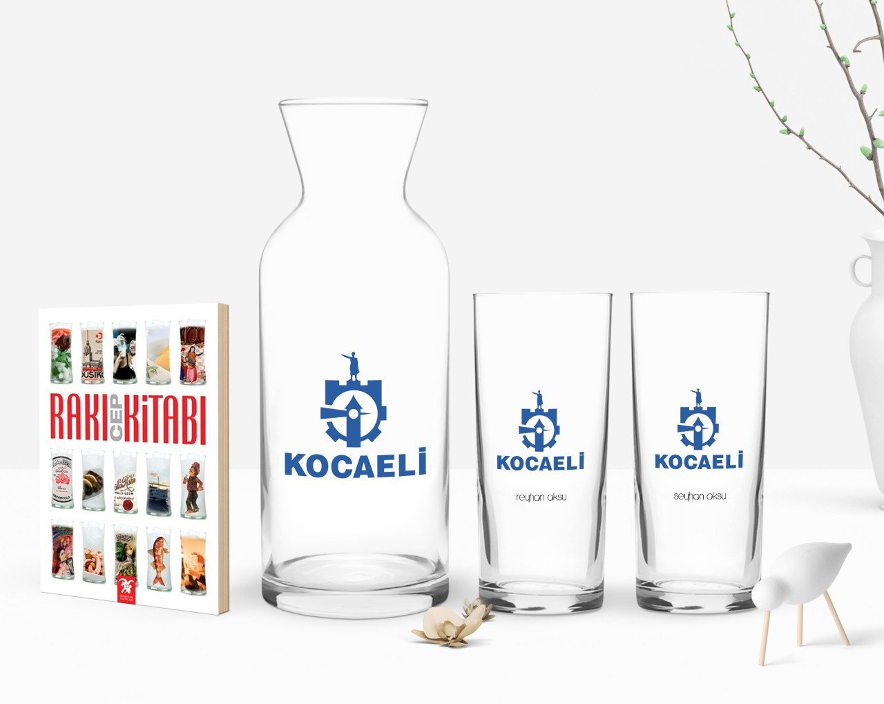 Kişiye Özel Renkli Baskılı Kocaeli Tasarımlı Turistik İkili Rakı Bardağı Karaf ve Cep Kitabı Hediye Seti-1