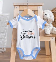 BK Kids Herkes Bana Ben Teyzeme Hastayım Tasarımlı Mavi Bebek Body Zıbın ve Mama Önlüğü Hediye Seti-1