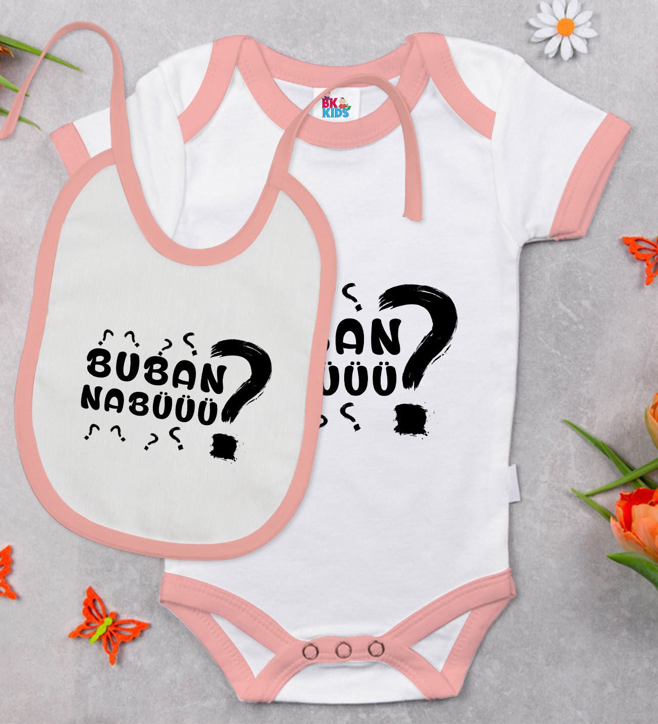 BK Kids Buban Nabüüü Tasarımlı Pembe Bebek Body Zıbın ve Mama Önlüğü Hediye Seti-1
