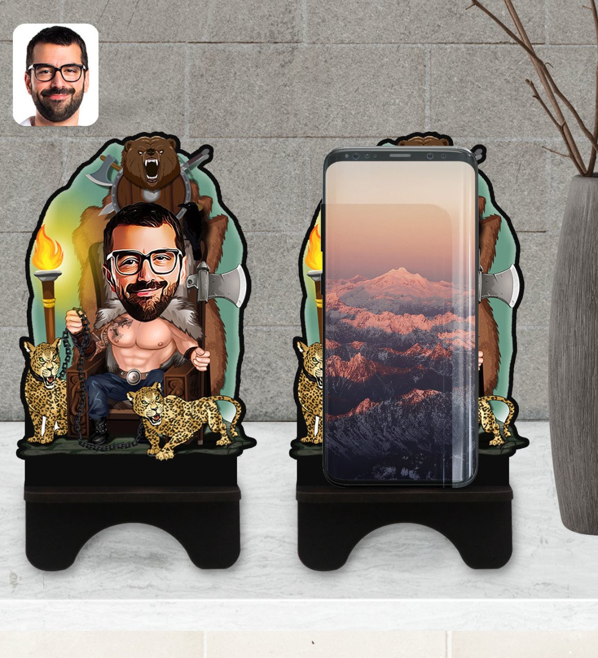 Kişiye Özel Viking Karikatürlü Ahşap Biblo Telefon Standı-1
