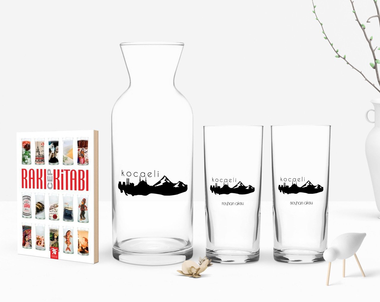Kişiye Özel Renkli Baskılı Kocaeli Tasarımlı Turistik İkili Rakı Bardağı Karaf ve Cep Kitabı Hediye Seti-2