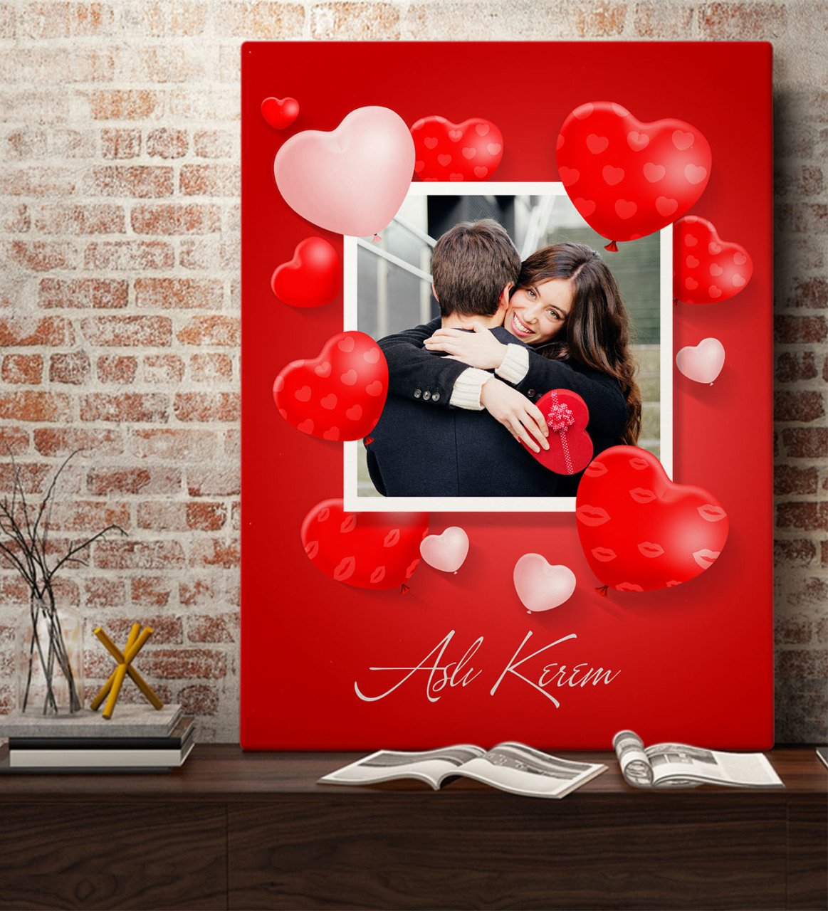 Kişiye Özel Sevgili Fotoğraflı Kalpli Kanvas Tablo (70x100cm.)