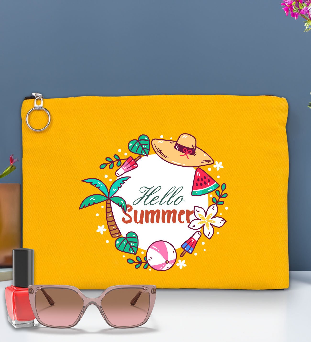 BK Gİft Yaz Temalı-4 Astarlı Sarı Portföy Çanta 30x21cm, Baskılı El Çantası, Organizer Çanta