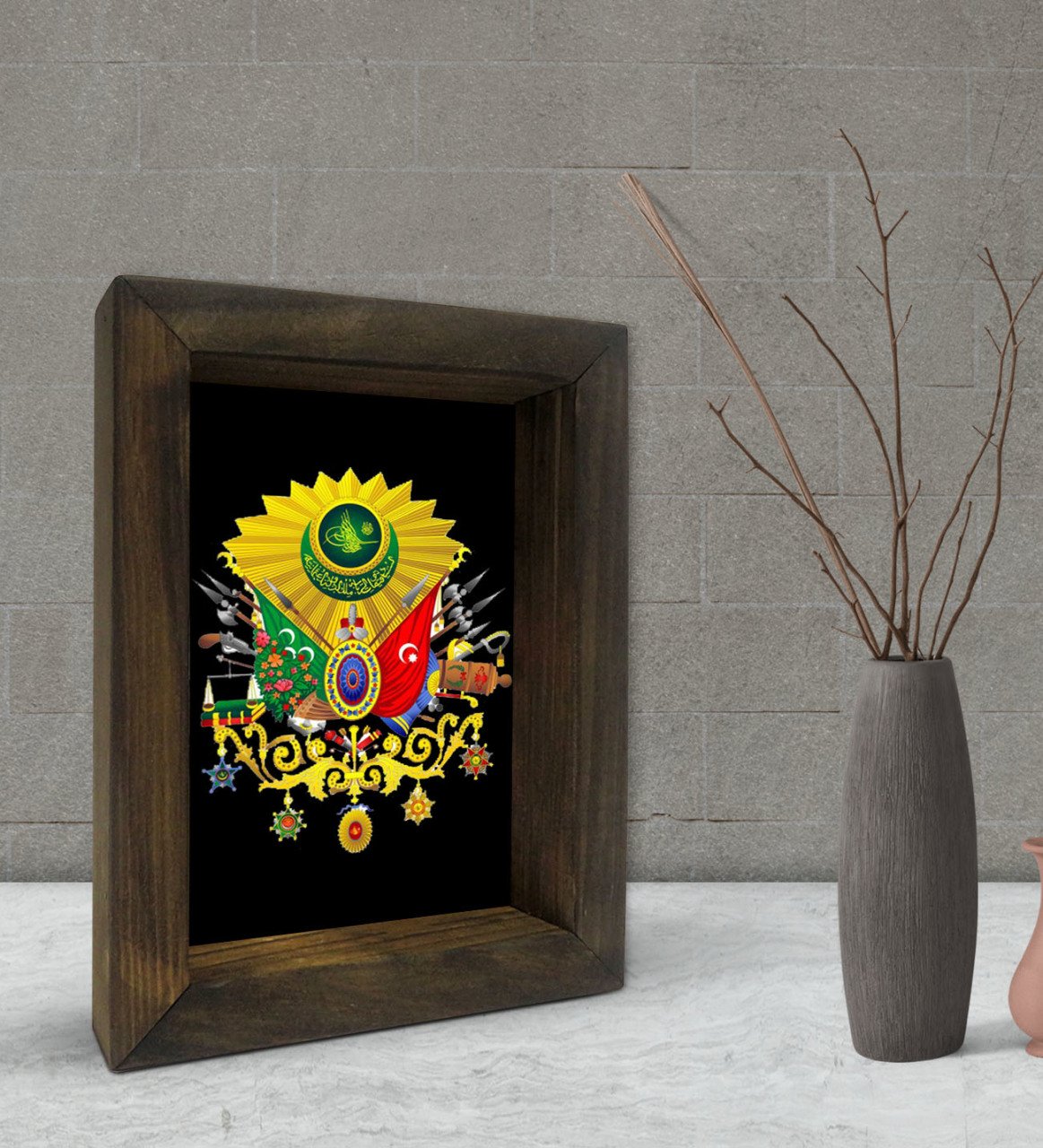 BK Gift Osmanlı Arması Tasarımlı Dekoratif Doğal Masif Ahşap Çerçeve 15x20cm-1