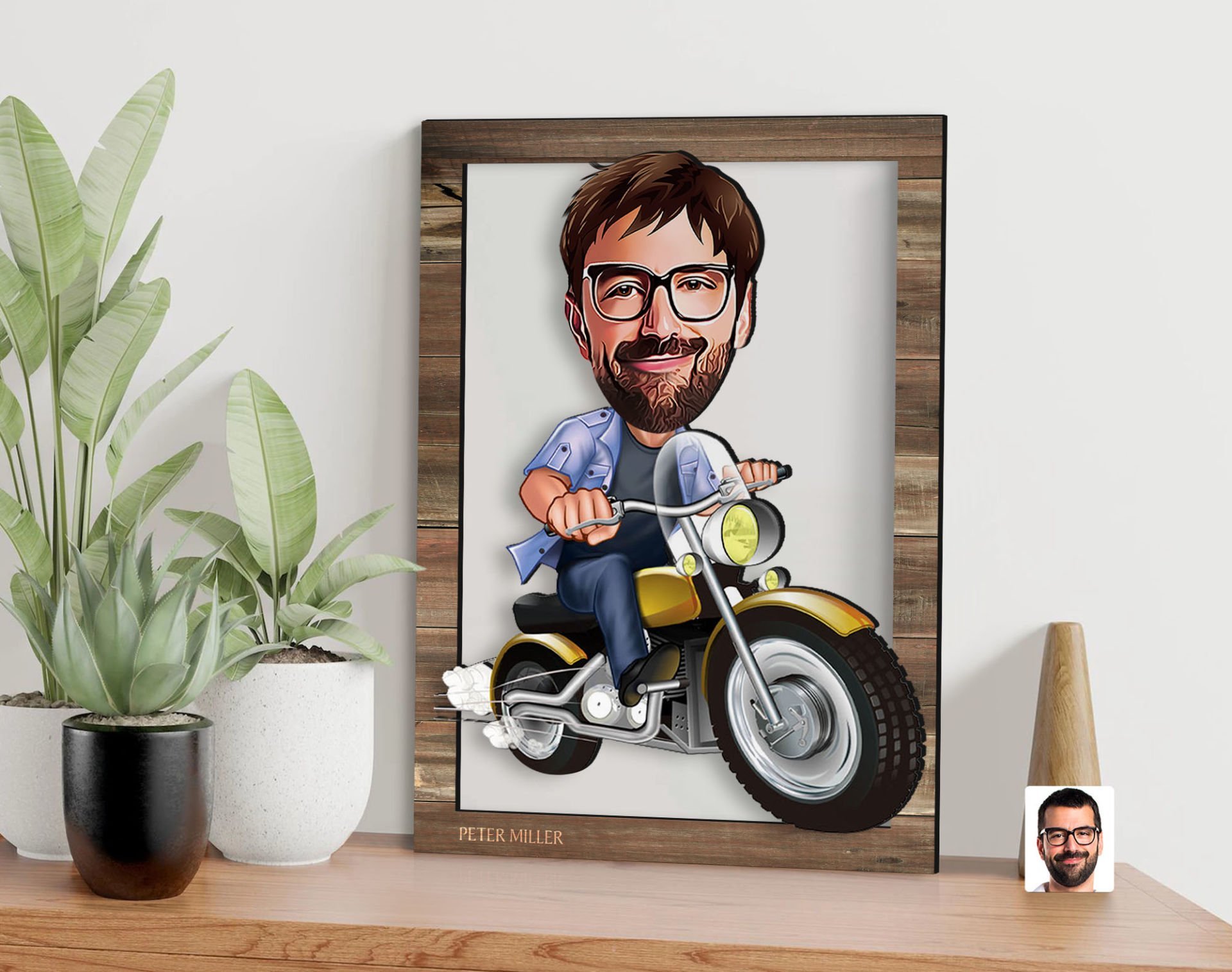 BK Gift Kişiye Özel Erkek Motorcu Karikatürlü 3D Ahşap Tablo, Sevgiliye Hediye, Arkadaşa Hediye, Yıl Dönümü Hediyesi, Doğum Günü Hediyesi-1