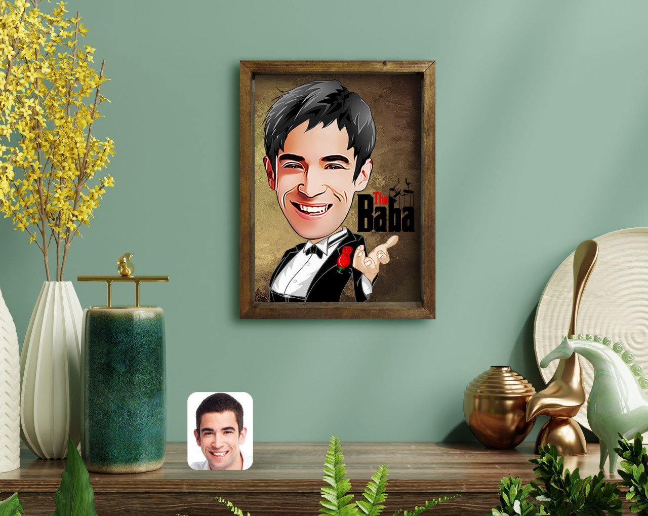 Kişiye Özel Godfather Baba Karikatürlü Doğal Masif Ahşap Çerçeveli Tablo-3