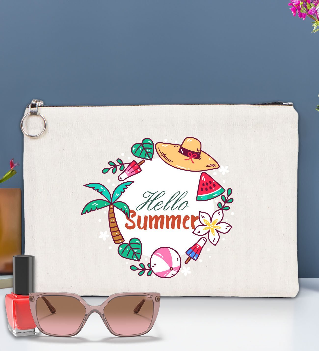 BK Gİft Yaz Temalı-4 Astarlı Portföy Çanta 30x21cm, Baskılı El Çantası, Organizer Çanta