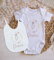 BK Kids Kişiye Özel Harfli İsimli Bebek Body Zıbın ve Mama Önlüğü Hediye Seti - Model 2