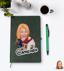 Kişiye Özel Kadın Emlakçı Karikatürlü Yeşil Termo Deri Defter Kalem Seti Model 1