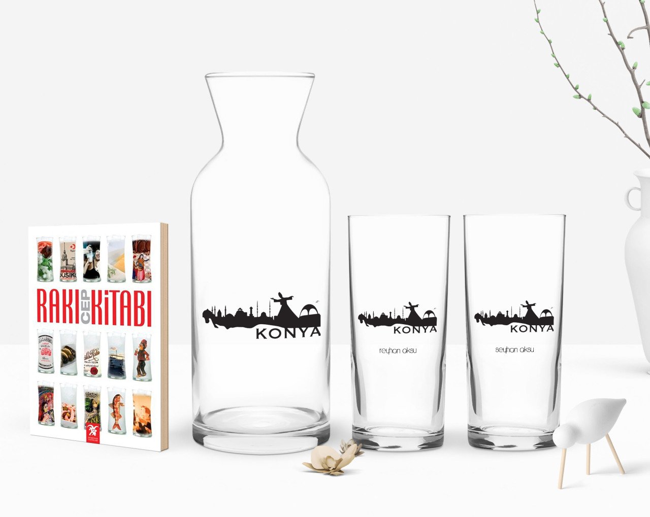 Kişiye Özel Renkli Baskılı Konya Tasarımlı Turistik İkili Rakı Bardağı Karaf ve Cep Kitabı Hediye Seti-2