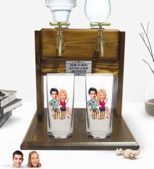 Kişiye Özel Sevgililer Tasarımlı İkili Rakı Bardağı ve Çift Musluklu Doğal Ahşap Rakı Standı-51