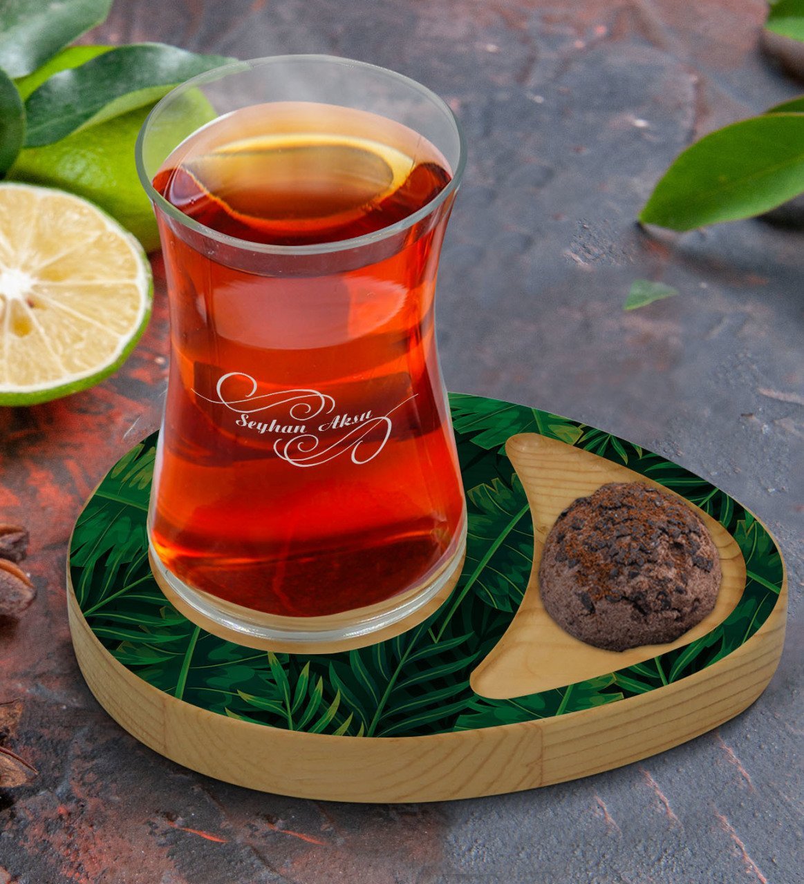 Kişiye Özel Yapraklar Tasarımlı Doğal Ahşap Tabaklı Heybeli Çay Bardağı Sunum Seti Model 10