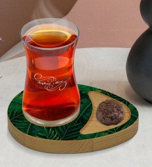 Kişiye Özel Yapraklar Tasarımlı Doğal Ahşap Tabaklı Heybeli Çay Bardağı Sunum Seti Model 10