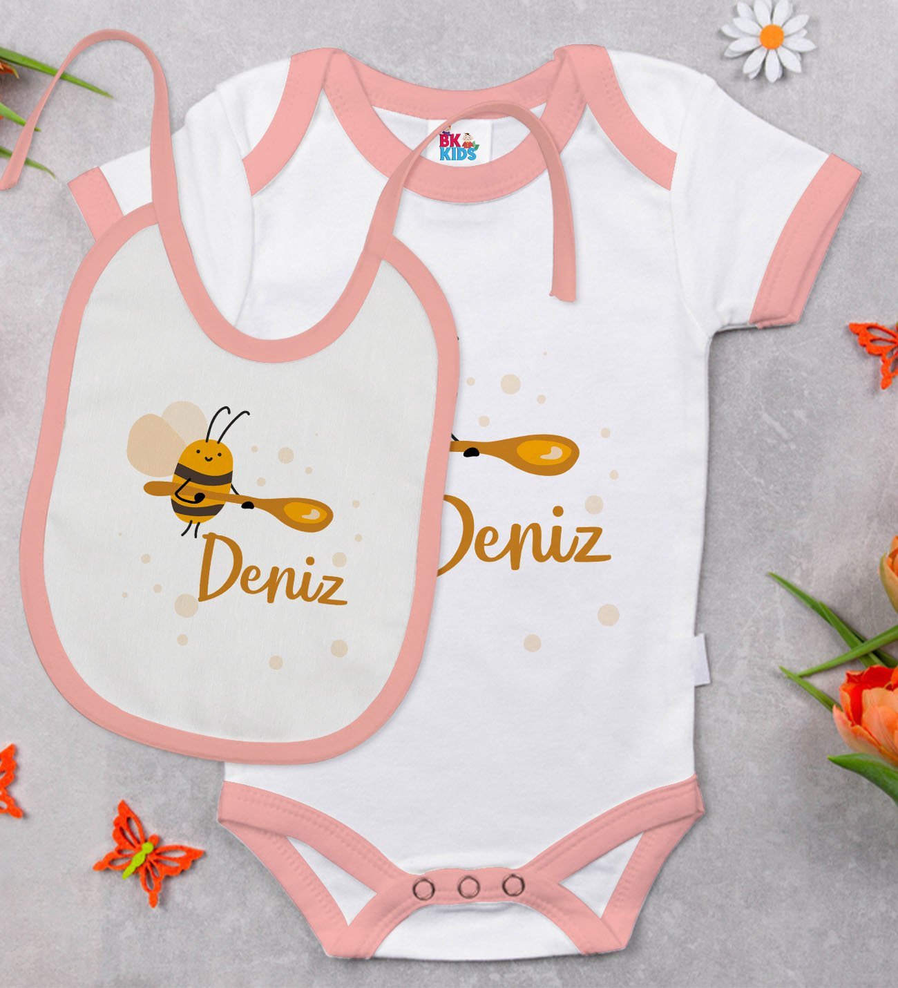 BK Kids Kişiye Özel İsimli Pembe Bebek Body Zıbın ve Mama Önlüğü Hediye Seti-35