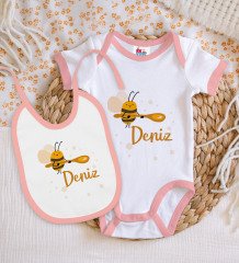 BK Kids Kişiye Özel İsimli Pembe Bebek Body Zıbın ve Mama Önlüğü Hediye Seti-35