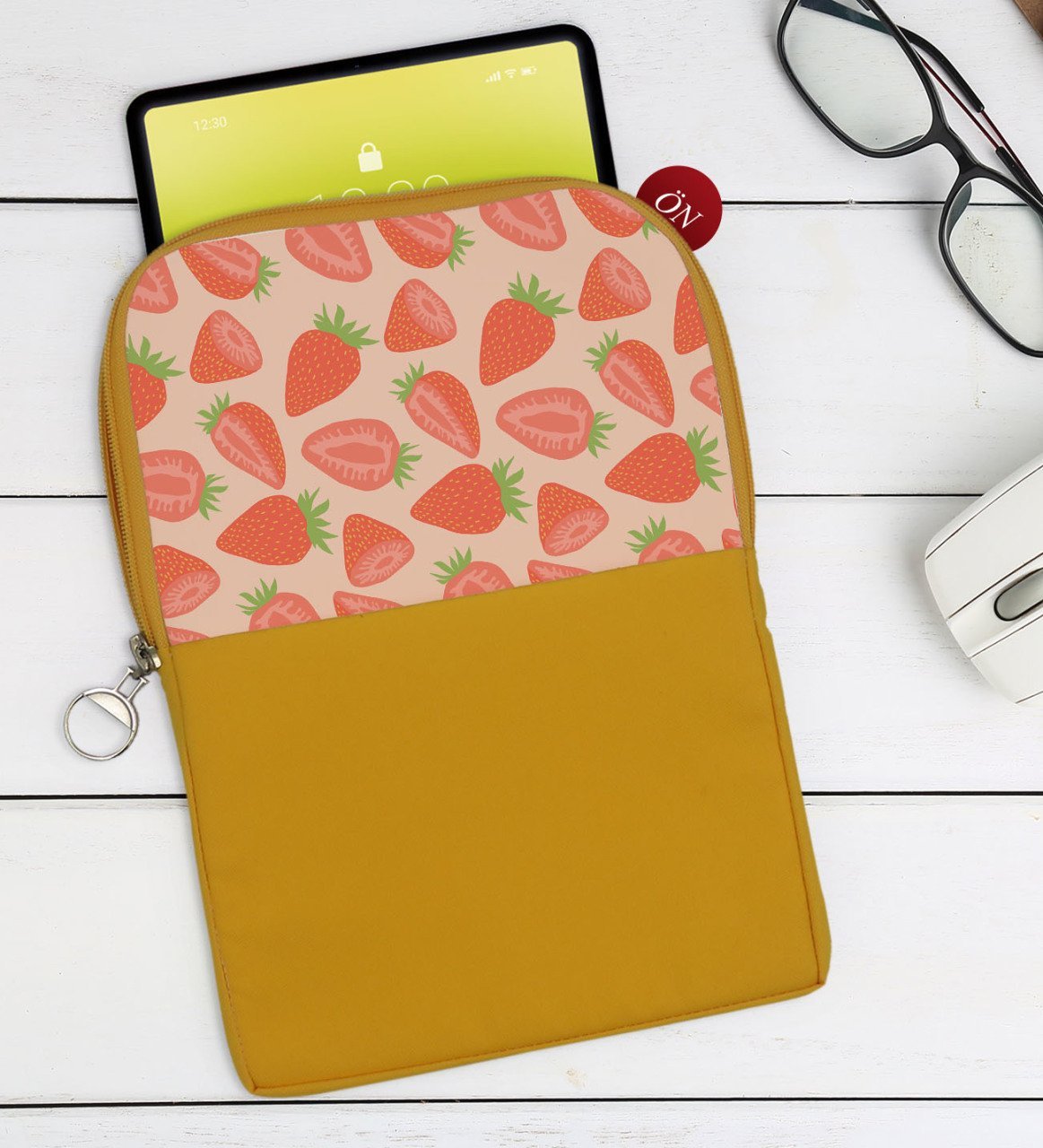 BK Gift Çilek Tasarımlı Taşınabilir Koruyucu Tablet Kılıfı & Organizer Çanta - Sarı-1
