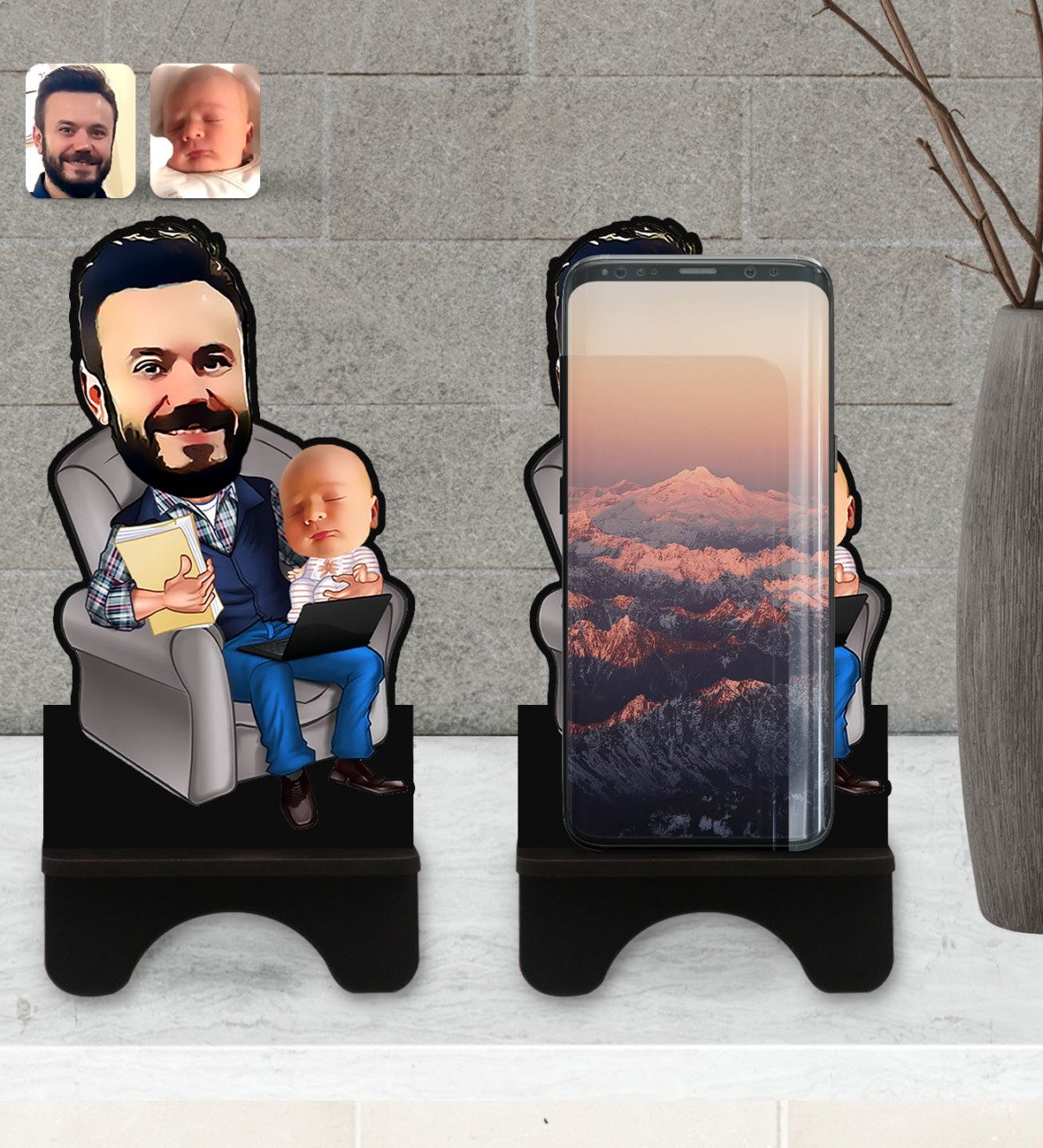 Kişiye Özel Baba Oğul Karikatürlü Ahşap Biblo Telefon Standı-1
