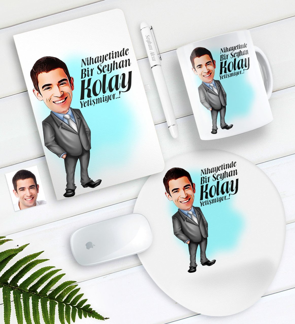 Kişiye Özel Bay Kolay Yetişmiyor Karikatürlü Defter Kalem Kupa Mouse Pad Seti-1