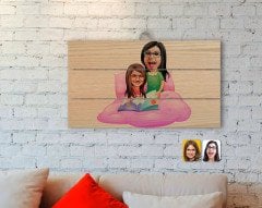Kişiye Özel Anne Kız Karikatürlü Otantik Ahşap Palet Tablo-3