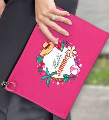 BK Gİft Yaz Temalı-4 Astarlı Fuşya Portföy Çanta 30x21cm, Baskılı El Çantası, Organizer Çanta