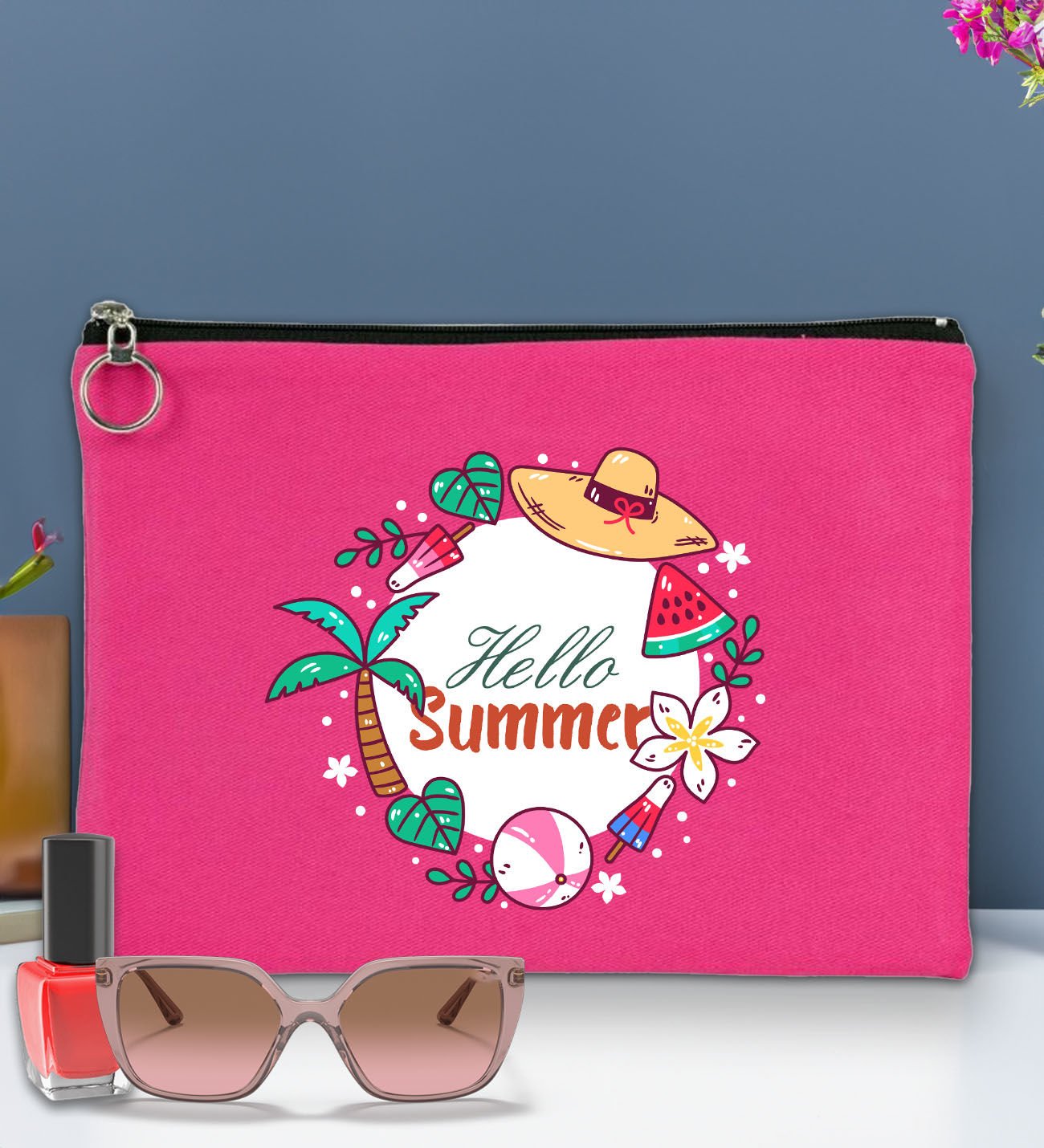 BK Gİft Yaz Temalı-4 Astarlı Fuşya Portföy Çanta 30x21cm, Baskılı El Çantası, Organizer Çanta