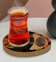 Kişiye Özel Yapraklar Tasarımlı Doğal Ahşap Tabaklı Heybeli Çay Bardağı Sunum Seti Model 11