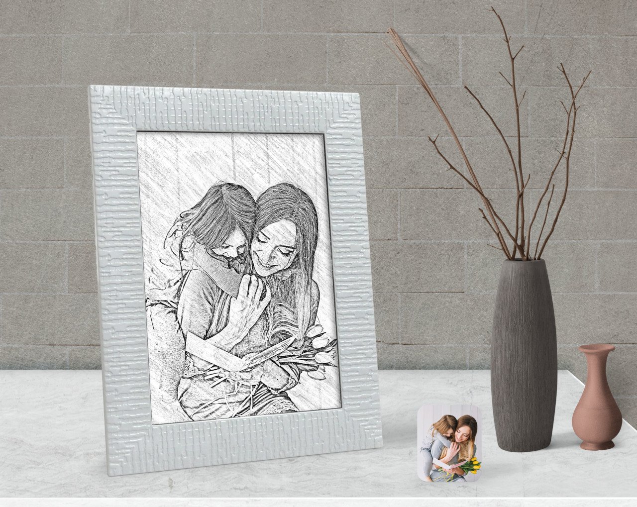 Kişiye Özel Karakalem Anne Kız Fotoğraflı Dekoratif Çerçeve-1