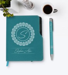 Kişiye Özel İsimli Turkuaz Termo Deri Defter Kalem Seti-2
