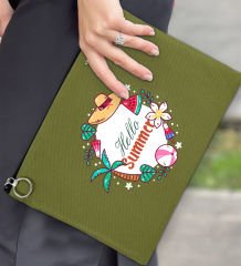 BK Gİft Yaz Temalı-4 Astarlı Yeşil Portföy Çanta 30x21cm, Baskılı El Çantası, Organizer Çanta