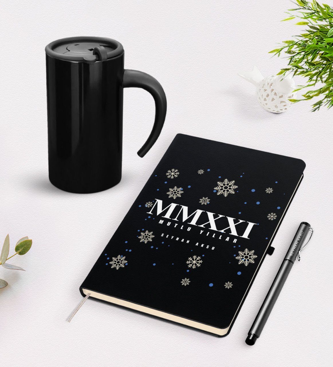 BK Gift Kişiye Özel Yılbaşı 2023 Mutlu Yıllar Siyah Defter Kalem Termos Mug Seti - 4