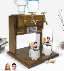 Kişiye Özel Sevgililer Tasarımlı İkili Rakı Bardağı ve Çift Musluklu Doğal Ahşap Rakı Standı-53