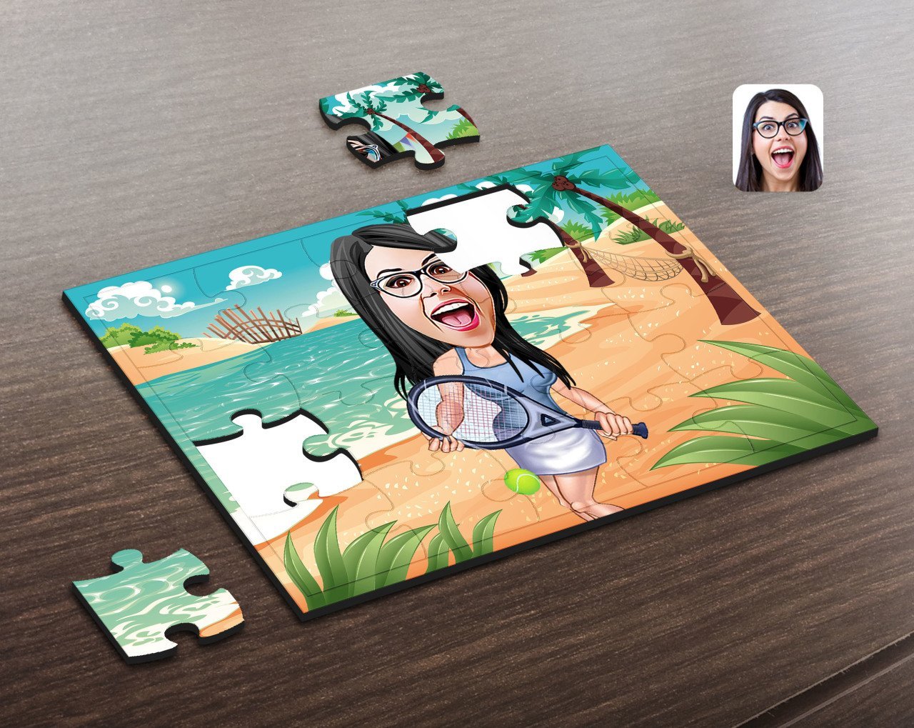 Kişiye Özel Kadın Tenis Oyuncusu Karikatürlü Ahşap Puzzle-1