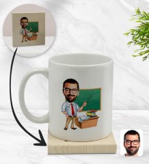 Kişiye Özel Erkek Öğretmen Karikatürlü Beyaz Kupa Bardak ve Ahşap Bardak Altlığı Hediye Seti - Model 1
