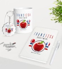 Kişiye Özel Fransızca Öğretmeni Kupa Anahtarlık Beyaz Defter Kalem Hediye Seti-3