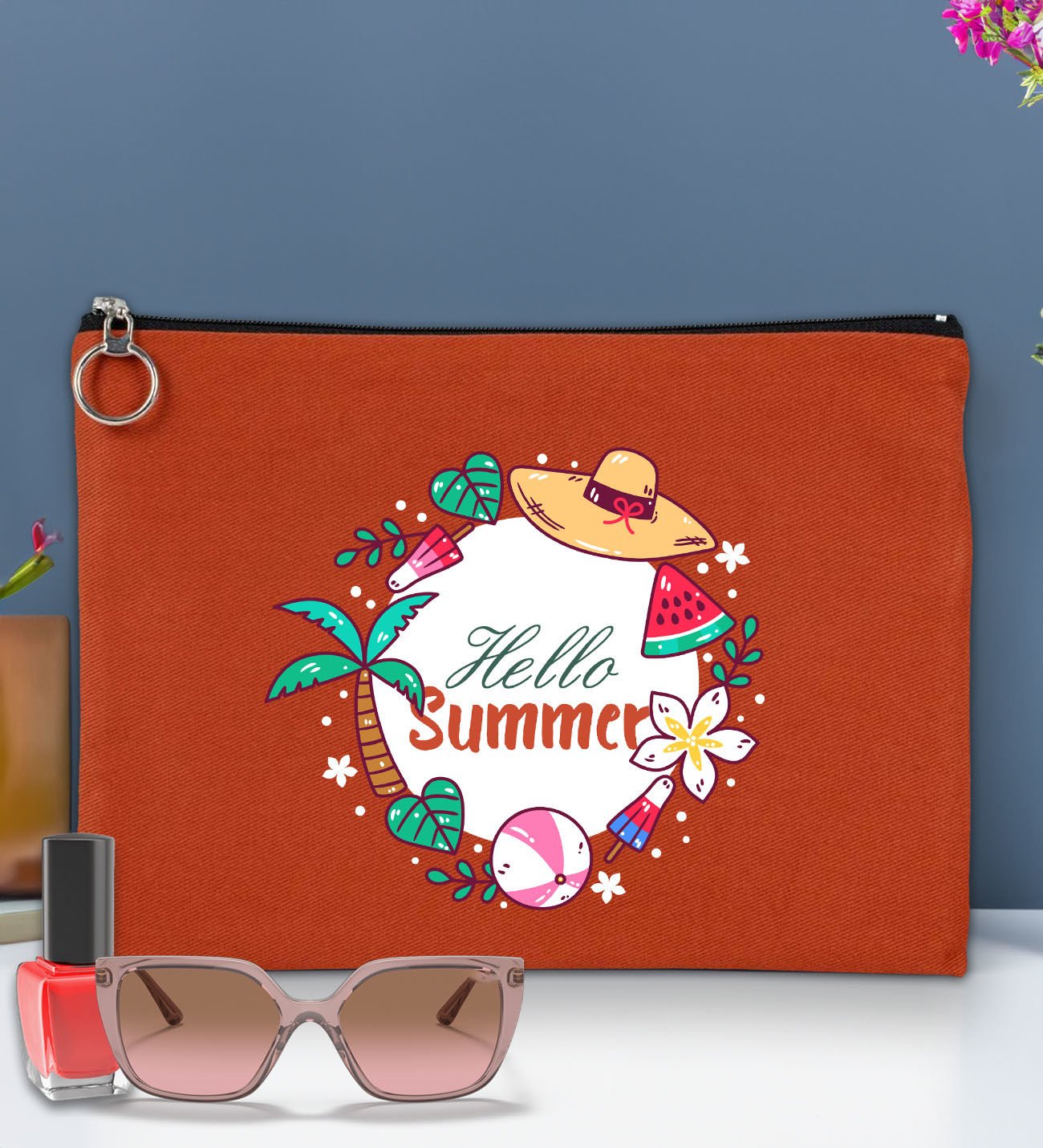 BK Gİft Yaz Temalı-4 Astarlı Kiremit Portföy Çanta 30x21cm, Baskılı El Çantası, Organizer Çanta