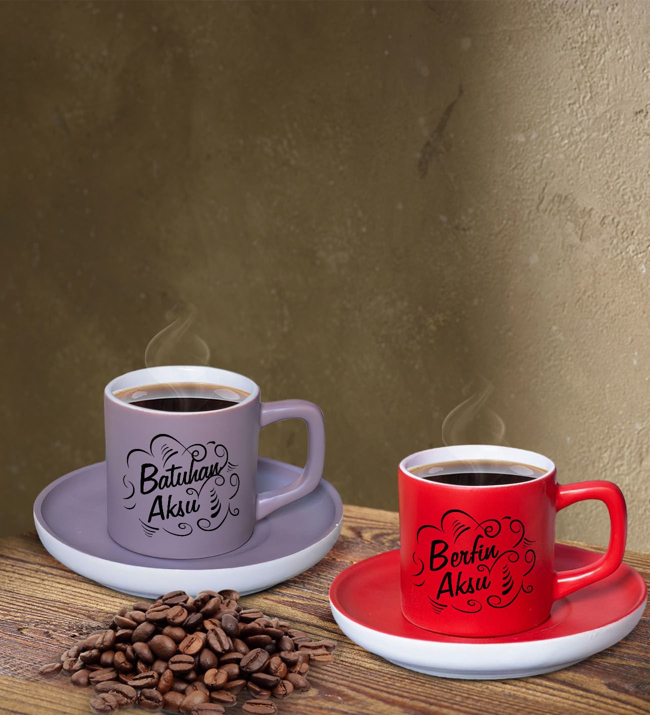 BK Gift Kişiye Özel İsimli Gri ve Kırmızı Renk İkili Türk Kahvesi Fincan Seti-6, Ev Hediyesi, Arkadaşa Hediye, Doğum Günü Hediyesi