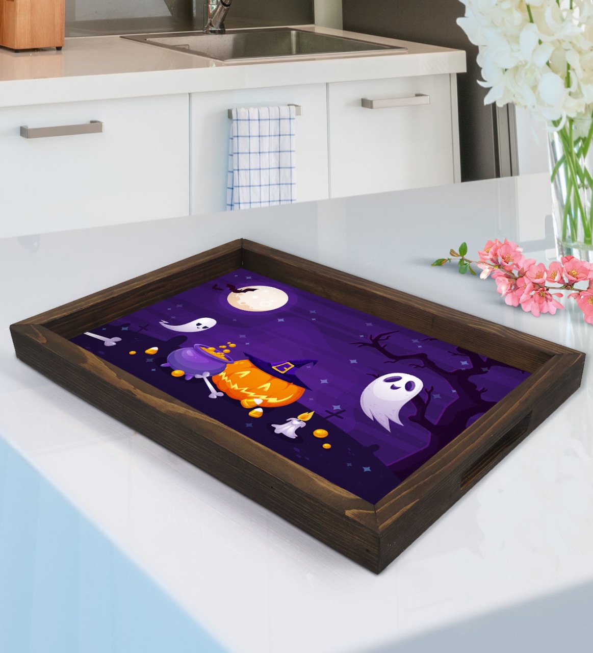 BK Gift Halloween Tasarımlı Doğal Ahşap Tepsi-2