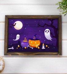 BK Gift Halloween Tasarımlı Doğal Ahşap Tepsi-2
